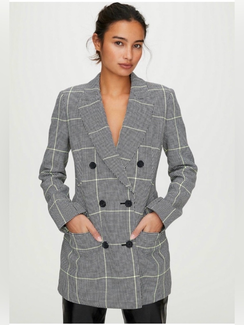 Aritzia Wilfred Margaux Houndstooth Checked Double-Breasted Long Blazer